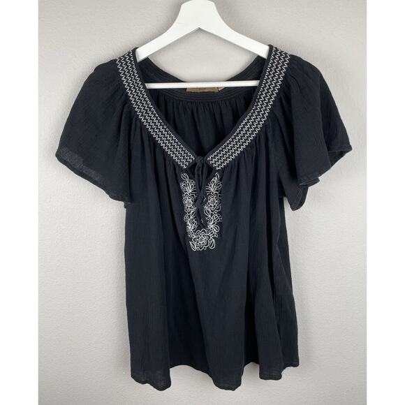 Notations Top Womens Size 1X Black Short Sleeve Floral Embroidered Boho Hippie - Picture 1 of 9